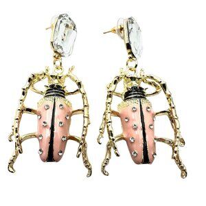 Womens Earrings Pierced Pink Enamel Bee Bug Gold Tone Chandelier Clear Crystal